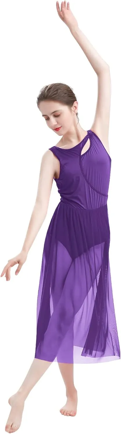 ODASDO Lyrical Dance Costumes for Women Contemporary Dancewear Sleeveless Cut Out Front Mesh Tulle Maxi Dress XS-XL