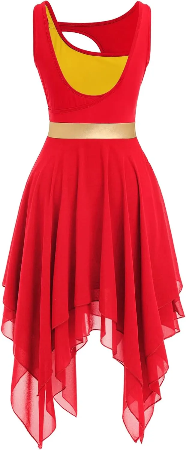 ODASDO Lyrical Dance Costumes for Women Contemporary Dancewear Sleeveless Cut Out Front Mesh Tulle Maxi Dress XS-XL