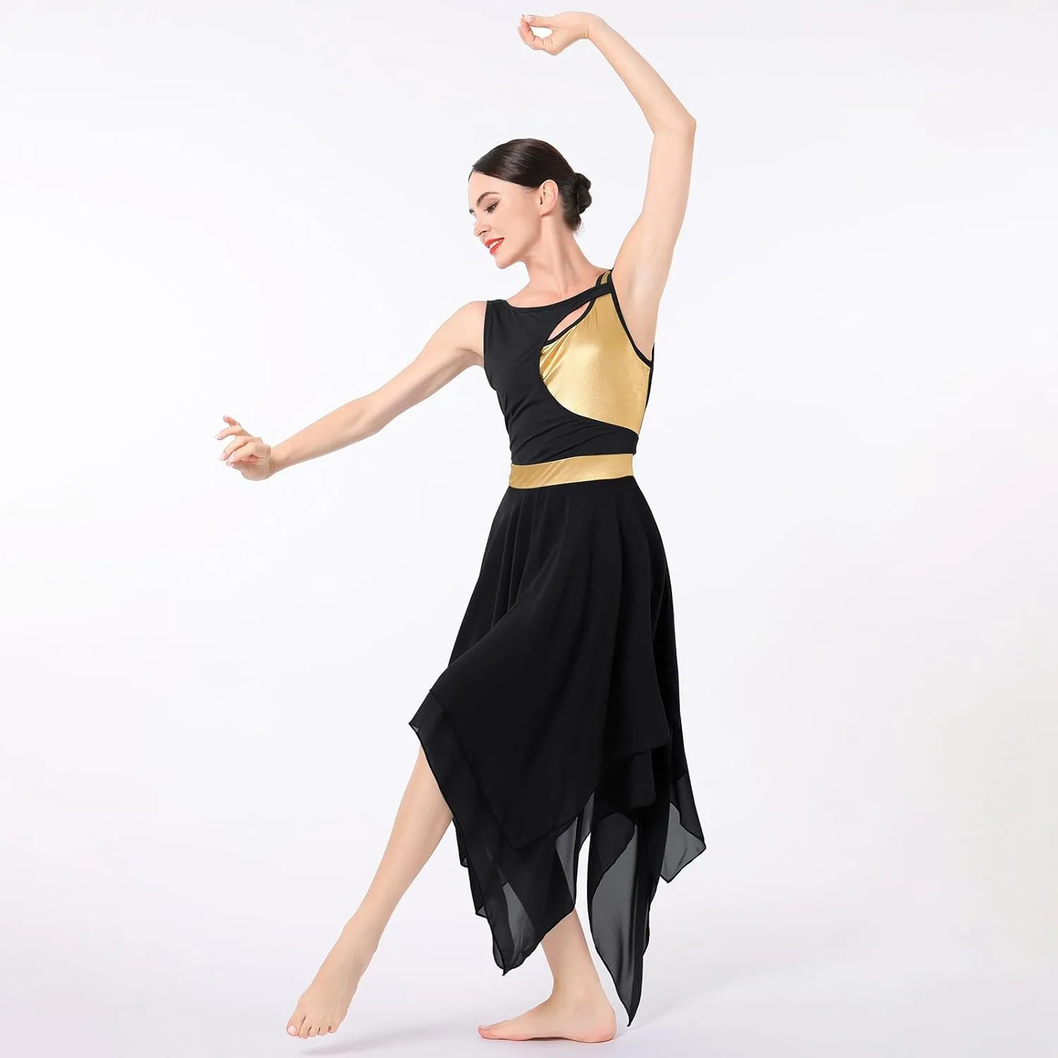 ODASDO Lyrical Dance Costumes for Women Contemporary Dancewear Sleeveless Cut Out Front Mesh Tulle Maxi Dress XS-XL