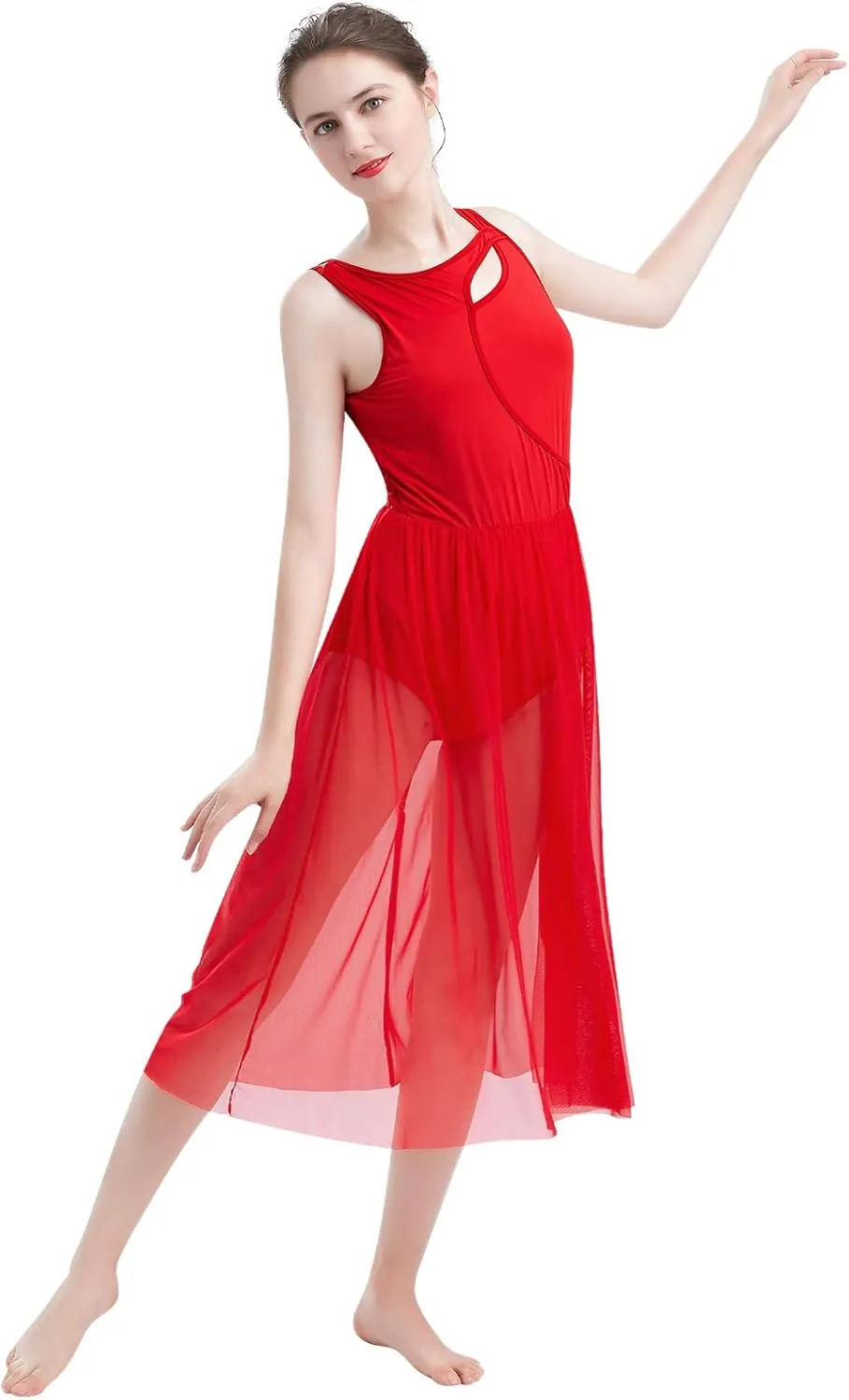 ODASDO Lyrical Dance Costumes for Women Contemporary Dancewear Sleeveless Cut Out Front Mesh Tulle Maxi Dress XS-XL