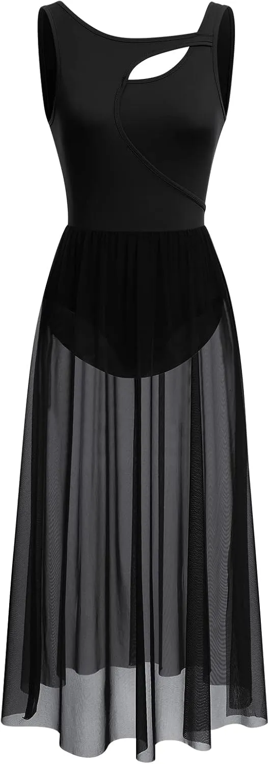 ODASDO Lyrical Dance Costumes for Women Contemporary Dancewear Sleeveless Cut Out Front Mesh Tulle Maxi Dress XS-XL
