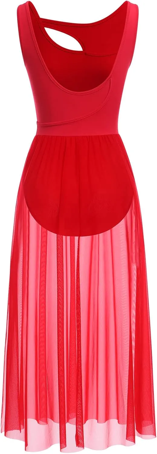 ODASDO Lyrical Dance Costumes for Women Contemporary Dancewear Sleeveless Cut Out Front Mesh Tulle Maxi Dress XS-XL
