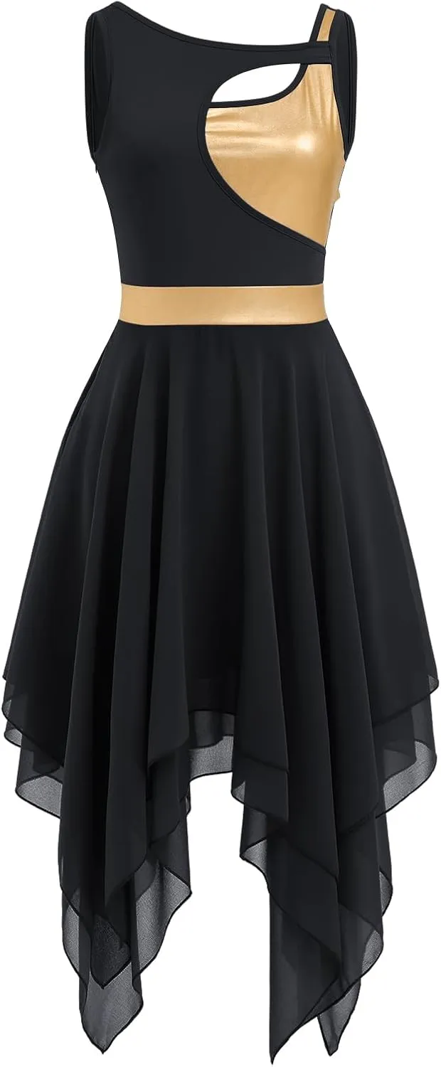 ODASDO Lyrical Dance Costumes for Women Contemporary Dancewear Sleeveless Cut Out Front Mesh Tulle Maxi Dress XS-XL