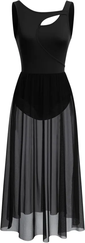 ODASDO Lyrical Dance Costumes for Women Contemporary Dancewear Sleeveless Cut Out Front Mesh Tulle Maxi Dress XS-XL