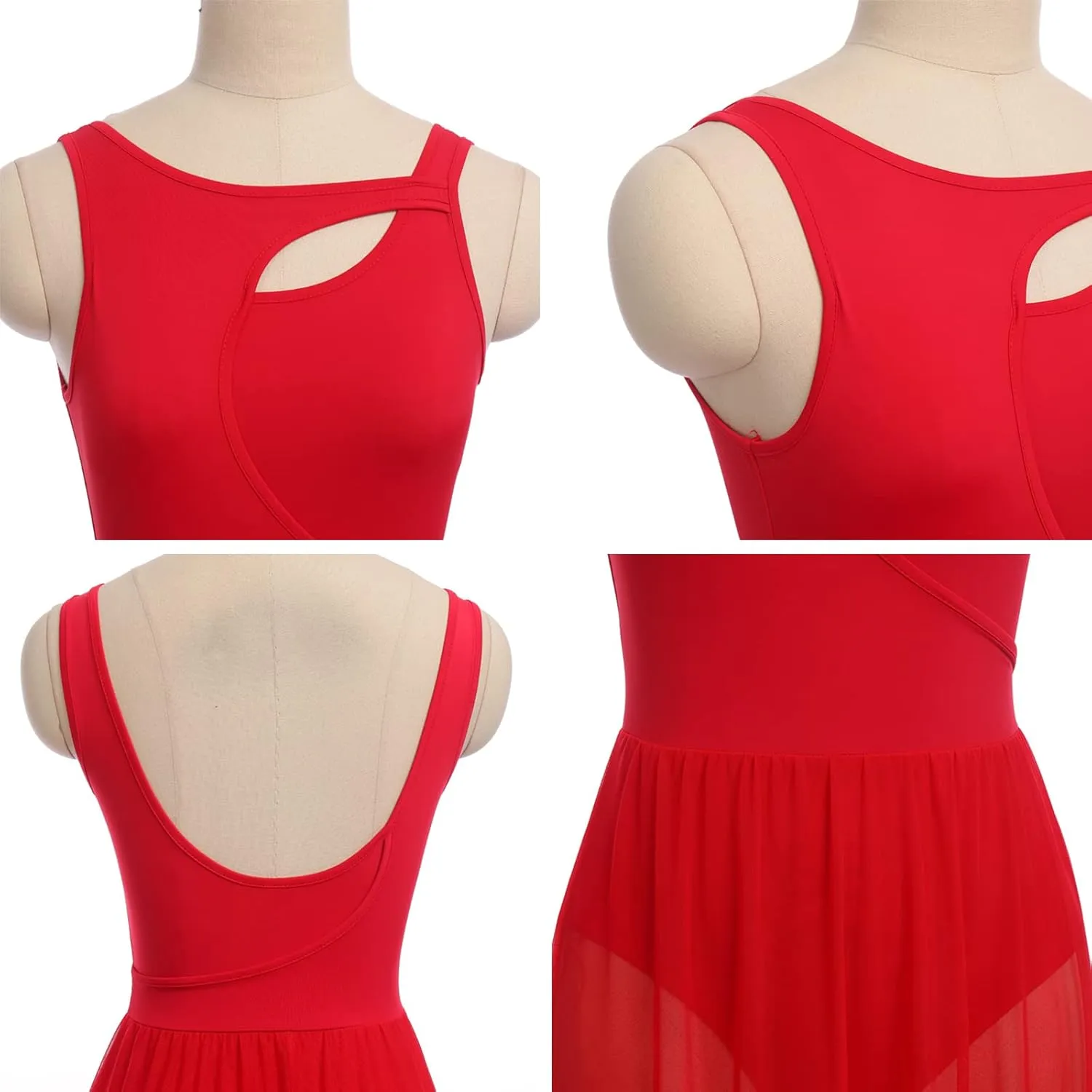 ODASDO Lyrical Dance Costumes for Women Contemporary Dancewear Sleeveless Cut Out Front Mesh Tulle Maxi Dress XS-XL