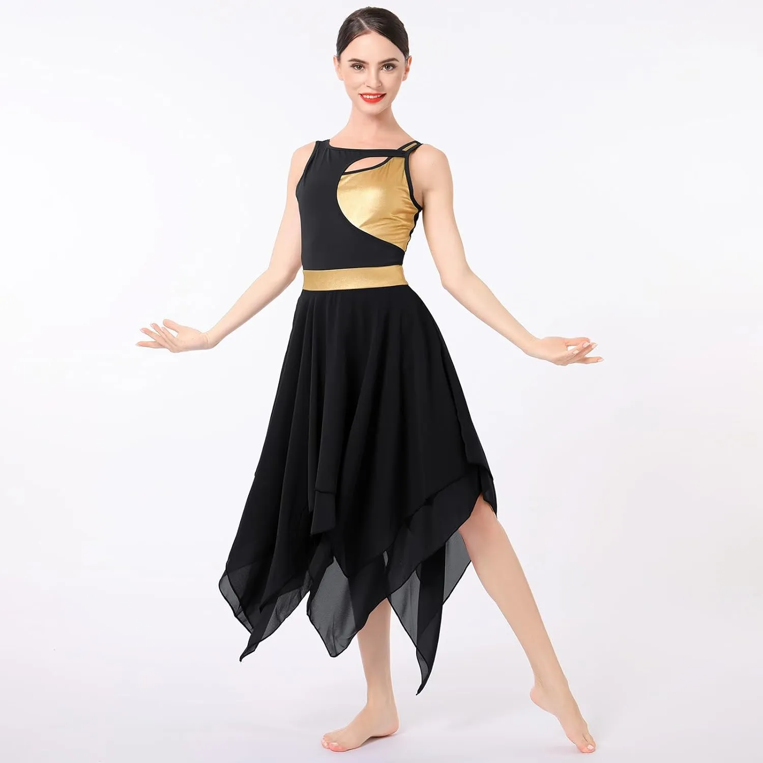 ODASDO Lyrical Dance Costumes for Women Contemporary Dancewear Sleeveless Cut Out Front Mesh Tulle Maxi Dress XS-XL