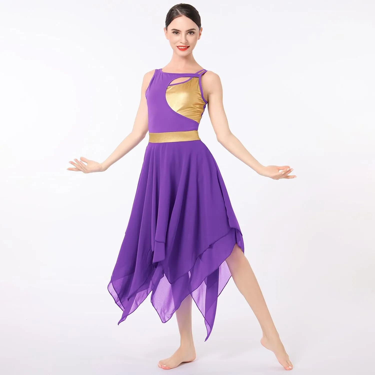 ODASDO Lyrical Dance Costumes for Women Contemporary Dancewear Sleeveless Cut Out Front Mesh Tulle Maxi Dress XS-XL