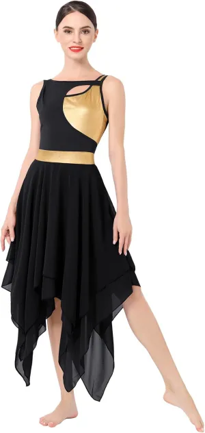 ODASDO Lyrical Dance Costumes for Women Contemporary Dancewear Sleeveless Cut Out Front Mesh Tulle Maxi Dress XS-XL