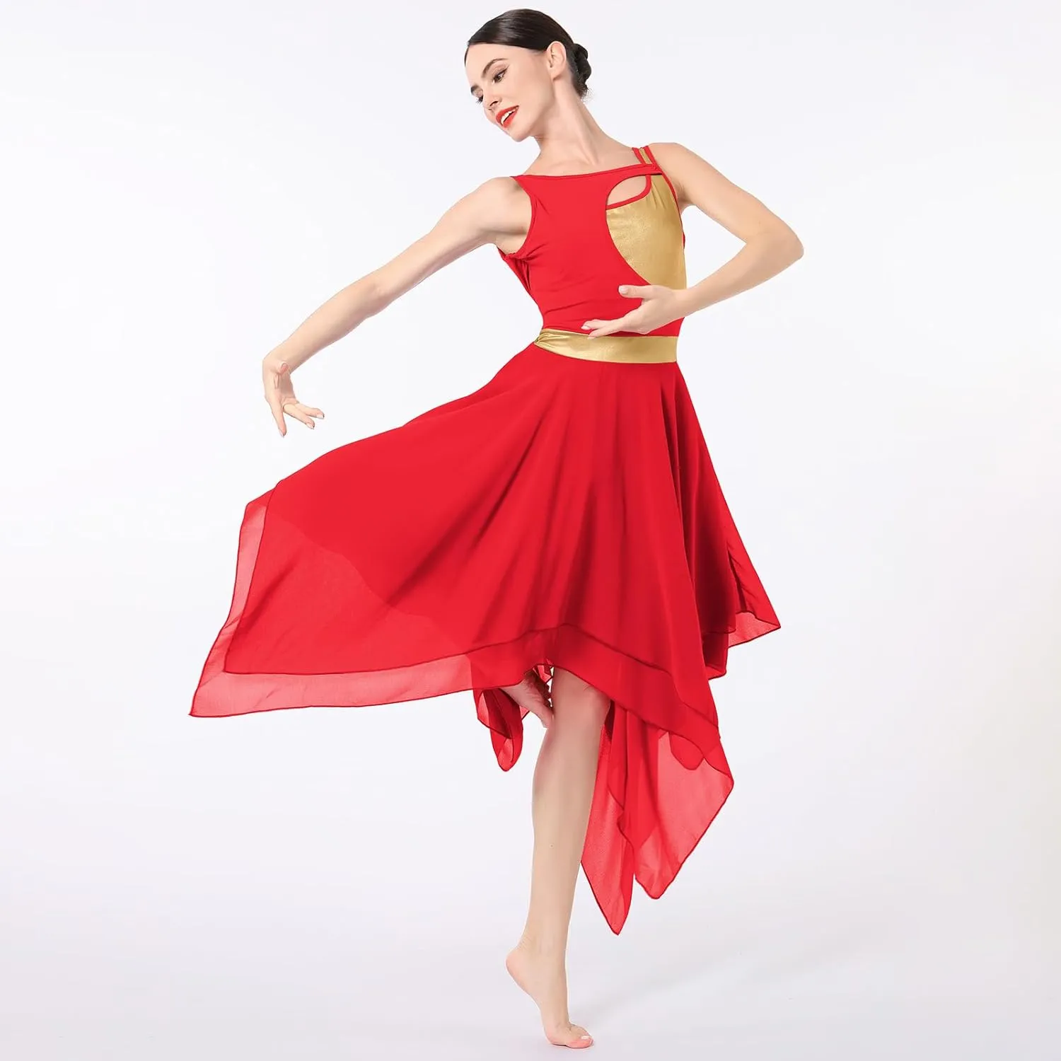 ODASDO Lyrical Dance Costumes for Women Contemporary Dancewear Sleeveless Cut Out Front Mesh Tulle Maxi Dress XS-XL