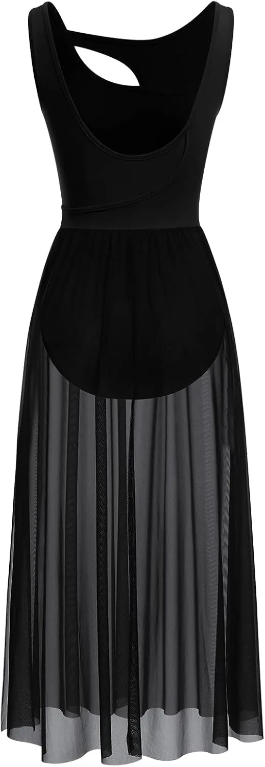 ODASDO Lyrical Dance Costumes for Women Contemporary Dancewear Sleeveless Cut Out Front Mesh Tulle Maxi Dress XS-XL