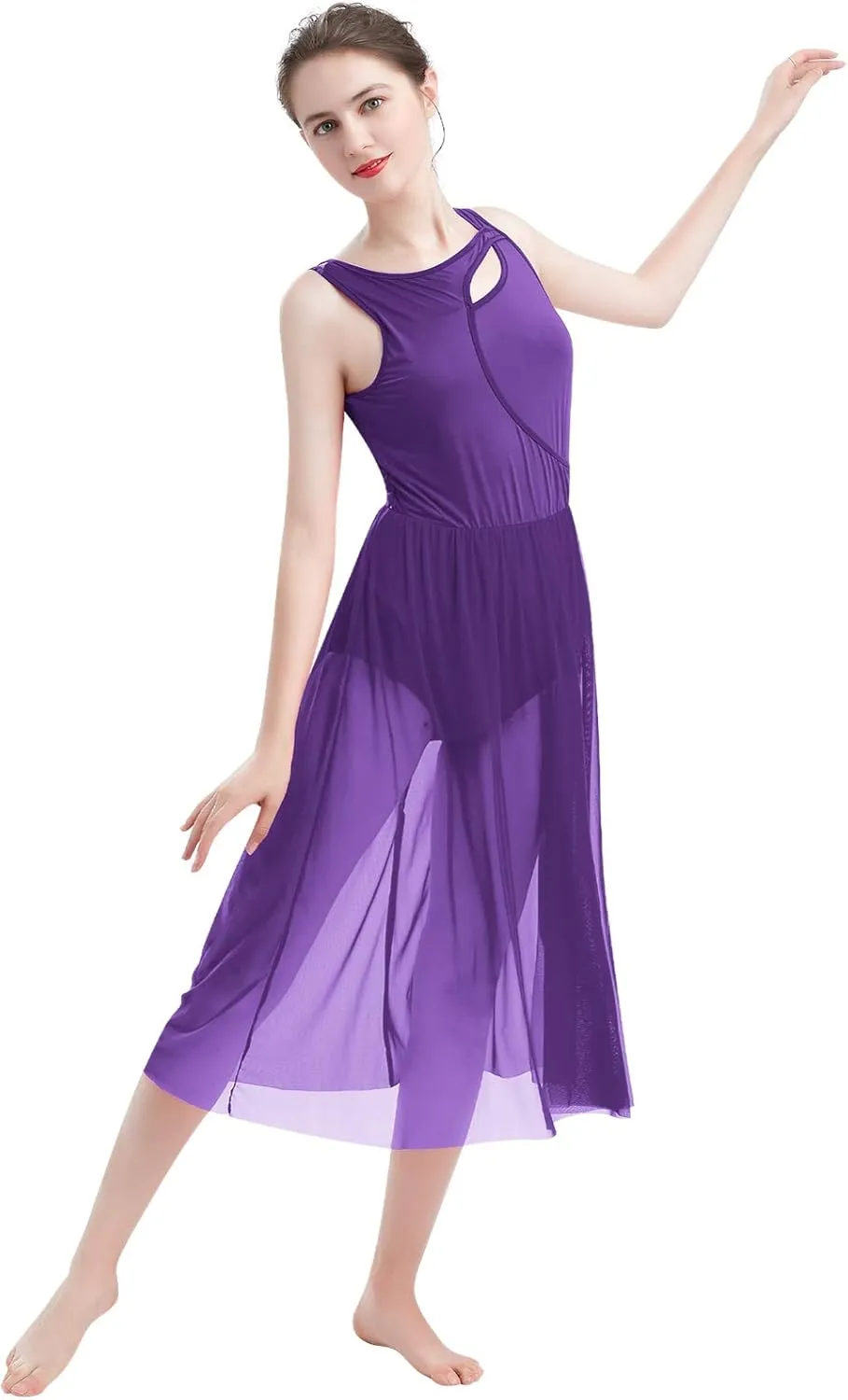 ODASDO Lyrical Dance Costumes for Women Contemporary Dancewear Sleeveless Cut Out Front Mesh Tulle Maxi Dress XS-XL