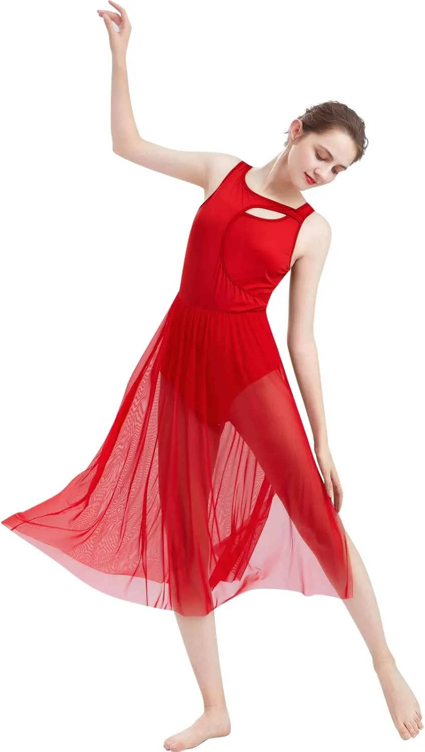 ODASDO Lyrical Dance Costumes for Women Contemporary Dancewear Sleeveless Cut Out Front Mesh Tulle Maxi Dress XS-XL