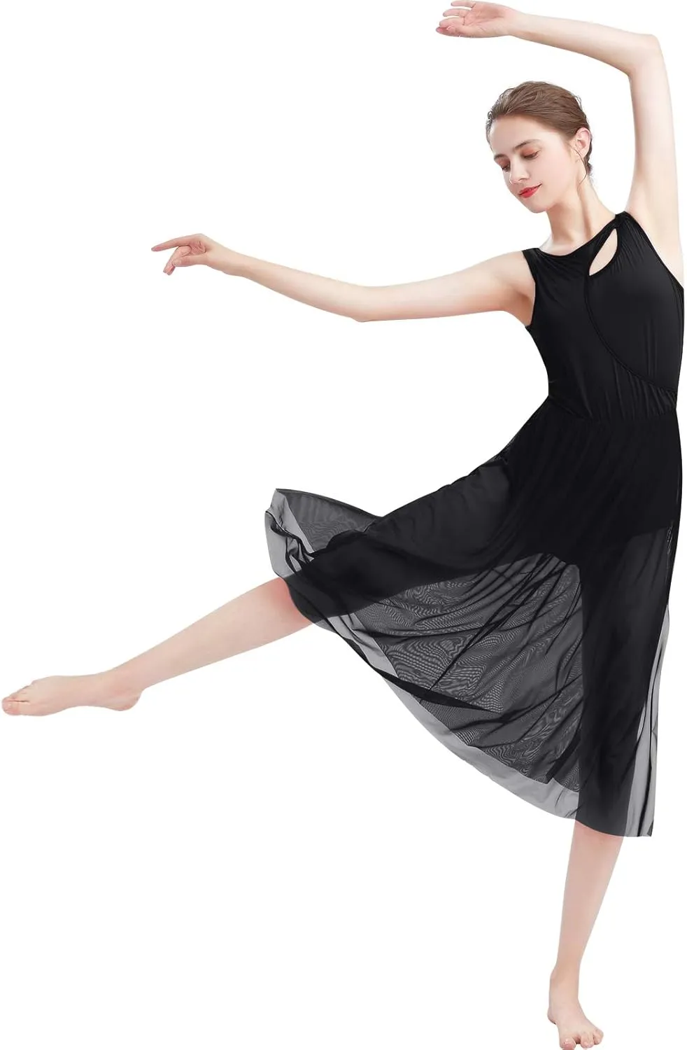 ODASDO Lyrical Dance Costumes for Women Contemporary Dancewear Sleeveless Cut Out Front Mesh Tulle Maxi Dress XS-XL