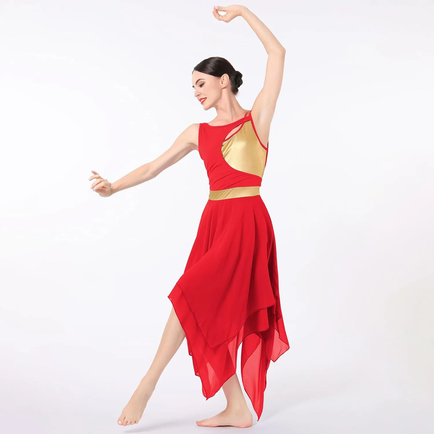 ODASDO Lyrical Dance Costumes for Women Contemporary Dancewear Sleeveless Cut Out Front Mesh Tulle Maxi Dress XS-XL