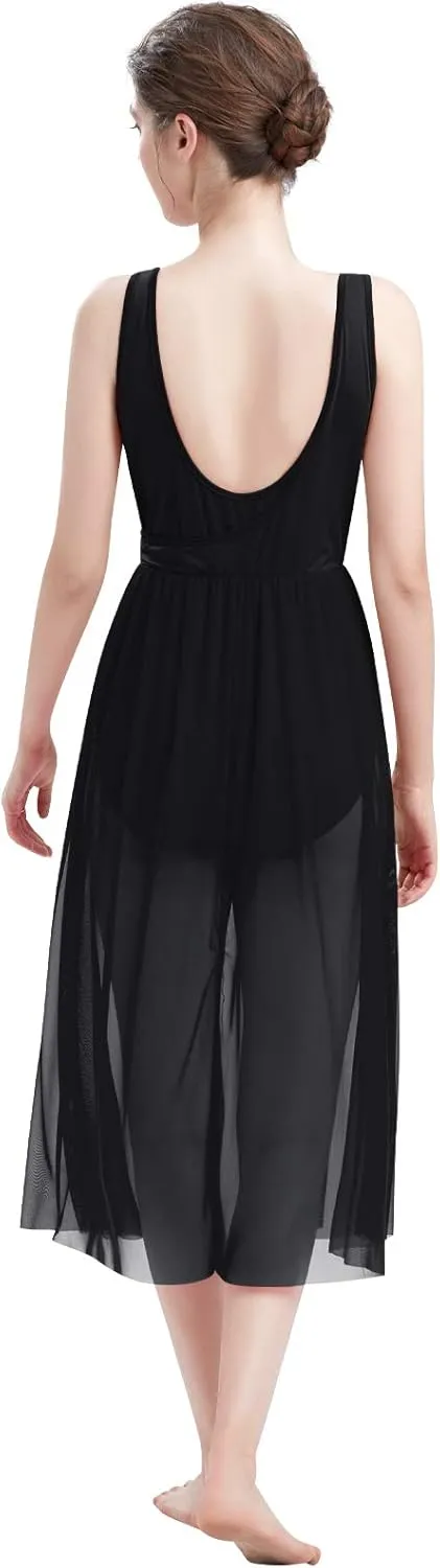 ODASDO Lyrical Dance Costumes for Women Contemporary Dancewear Sleeveless Cut Out Front Mesh Tulle Maxi Dress XS-XL