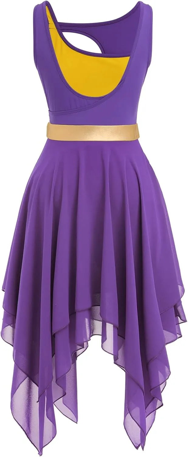 ODASDO Lyrical Dance Costumes for Women Contemporary Dancewear Sleeveless Cut Out Front Mesh Tulle Maxi Dress XS-XL
