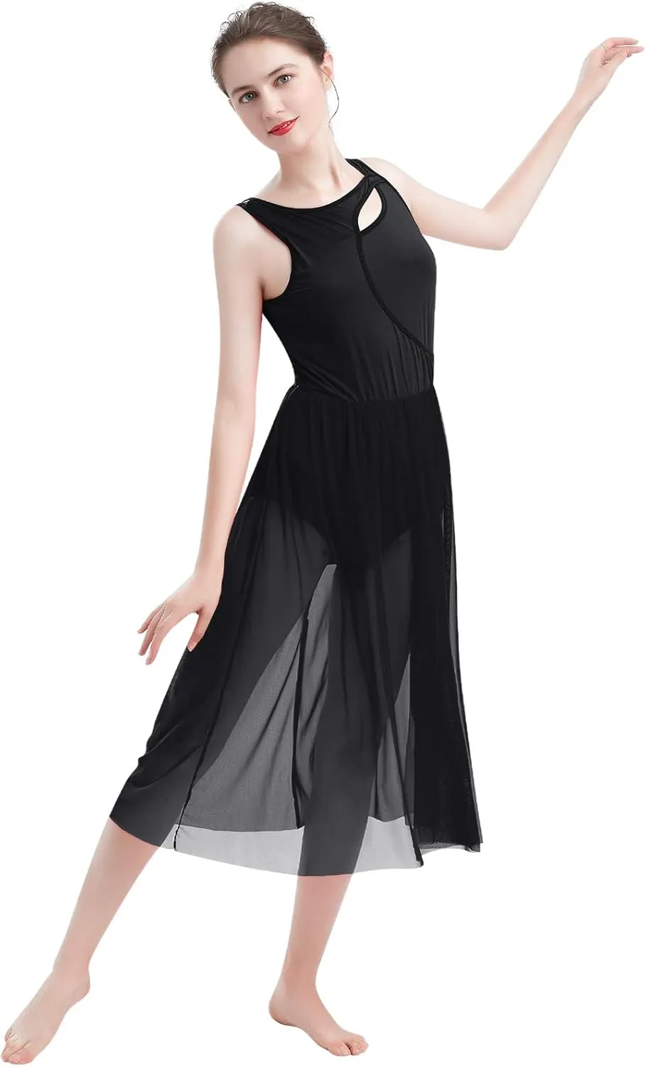ODASDO Lyrical Dance Costumes for Women Contemporary Dancewear Sleeveless Cut Out Front Mesh Tulle Maxi Dress XS-XL