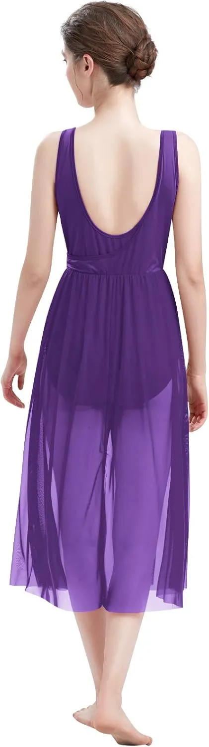ODASDO Lyrical Dance Costumes for Women Contemporary Dancewear Sleeveless Cut Out Front Mesh Tulle Maxi Dress XS-XL