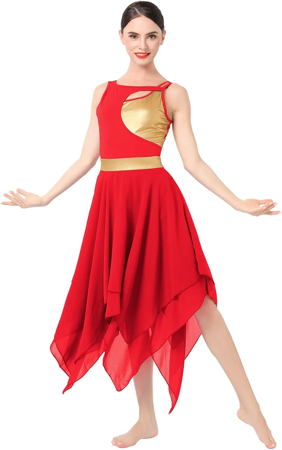 ODASDO Lyrical Dance Costumes for Women Contemporary Dancewear Sleeveless Cut Out Front Mesh Tulle Maxi Dress XS-XL