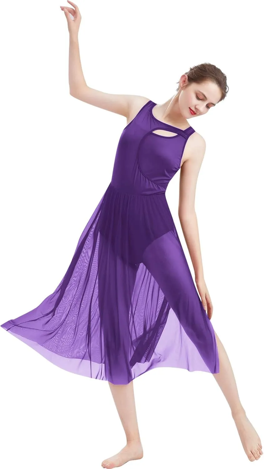 ODASDO Lyrical Dance Costumes for Women Contemporary Dancewear Sleeveless Cut Out Front Mesh Tulle Maxi Dress XS-XL