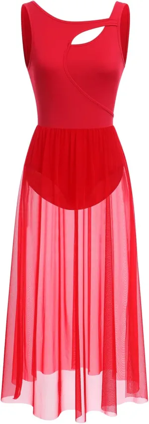ODASDO Lyrical Dance Costumes for Women Contemporary Dancewear Sleeveless Cut Out Front Mesh Tulle Maxi Dress XS-XL