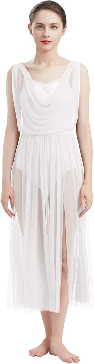 ODASDO Women Lyrical Modern Contemporary Dance Costume Leotard V-Neck Backless Split Tulle Skirt Flowy Overlay Dress