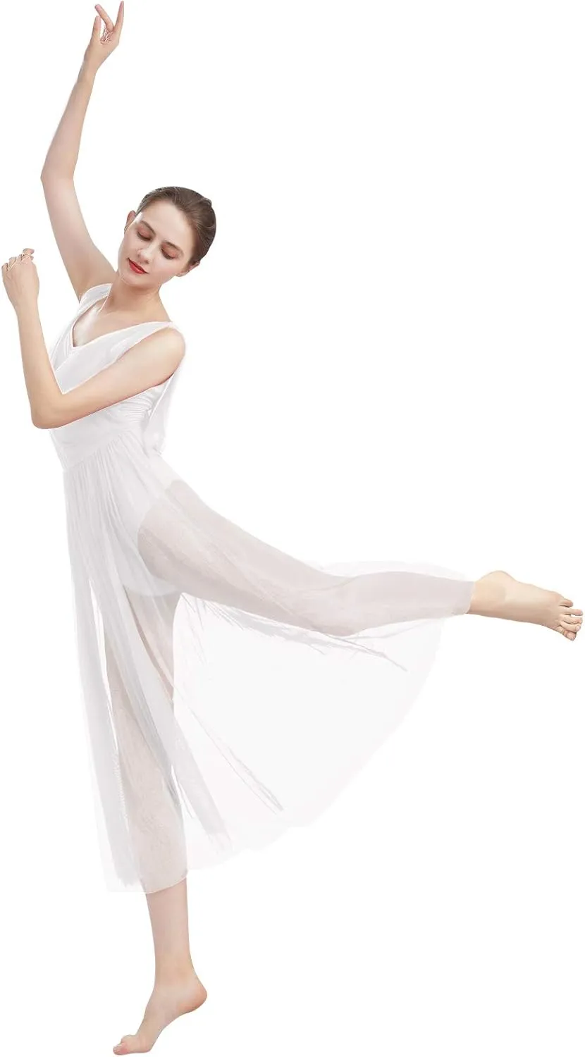 ODASDO Women Lyrical Modern Contemporary Dance Costume Leotard V-Neck Backless Split Tulle Skirt Flowy Overlay Dress
