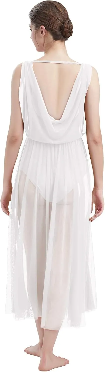 ODASDO Women Lyrical Modern Contemporary Dance Costume Leotard V-Neck Backless Split Tulle Skirt Flowy Overlay Dress