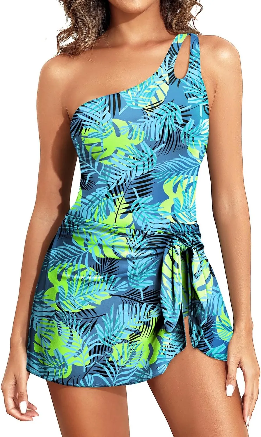 One Piece Swim Dress for Women - One Shoulder Tummy Control Swimsuit with Skirt 2025 Skirted Bathing Suit Swimdress
