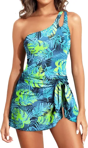 One Piece Swim Dress for Women - One Shoulder Tummy Control Swimsuit with Skirt 2025 Skirted Bathing Suit Swimdress