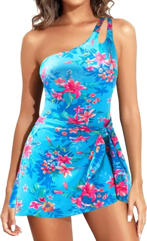 One Piece Swim Dress for Women - One Shoulder Tummy Control Swimsuit with Skirt 2025 Skirted Bathing Suit Swimdress