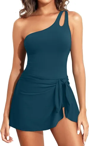 One Piece Swim Dress for Women - One Shoulder Tummy Control Swimsuit with Skirt 2025 Skirted Bathing Suit Swimdress