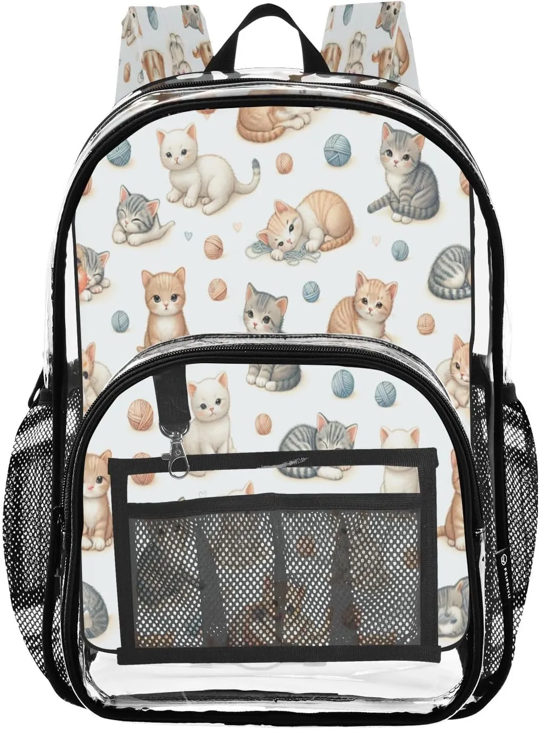 Playful Cats Clear Backpack with Back Print, Heavy Duty See Through Backpacks PVC Transparent Daypack for Travel Security