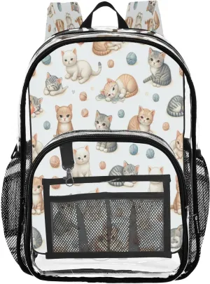 Playful Cats Clear Backpack with Back Print, Heavy Duty See Through Backpacks PVC Transparent Daypack for Travel Security