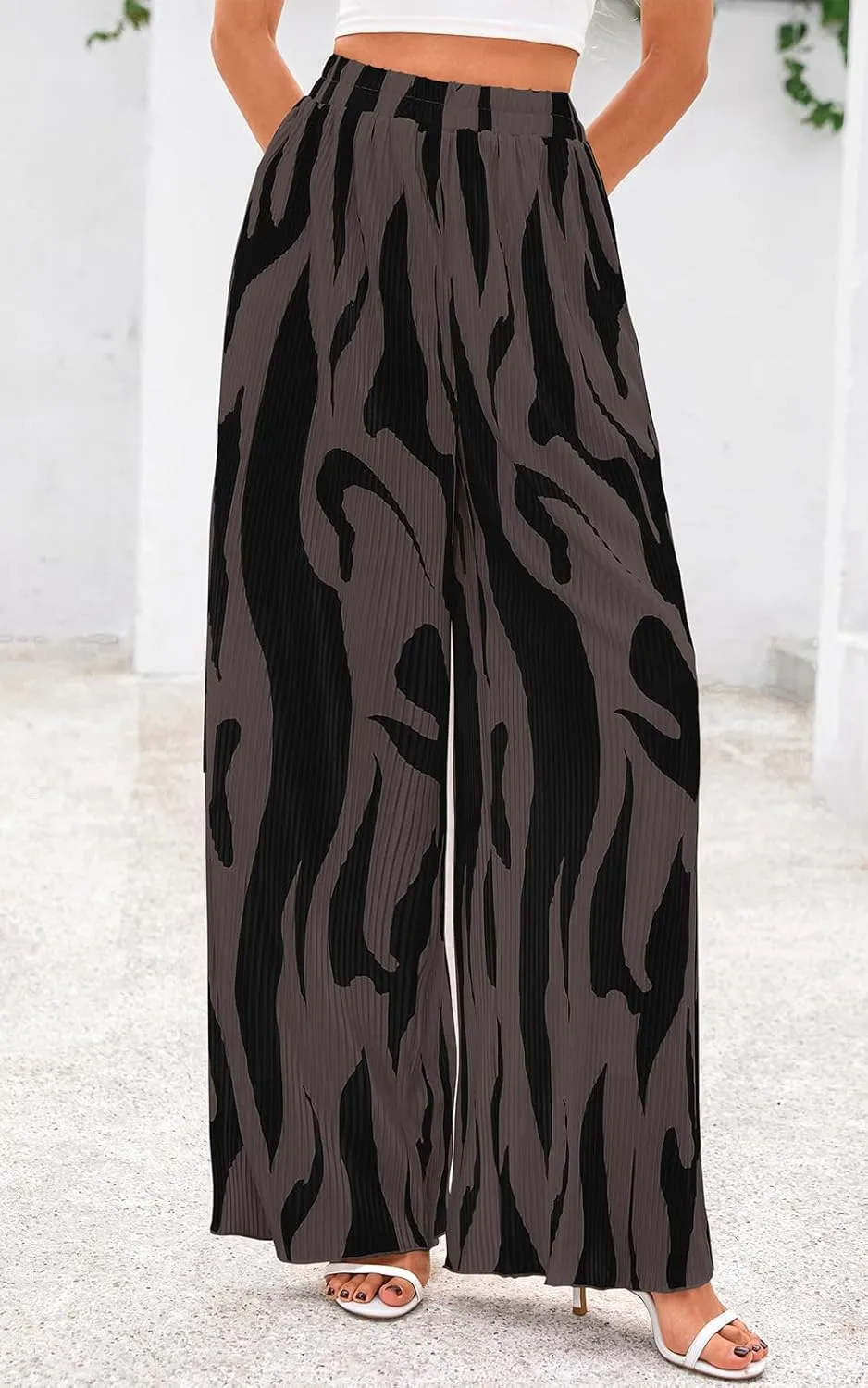 PRETTYGARDEN Womens Pants Dressy Casual Wide Leg Graphic Print Lounge Pants Women Comfy High Waist Pleated Palazzo Pants