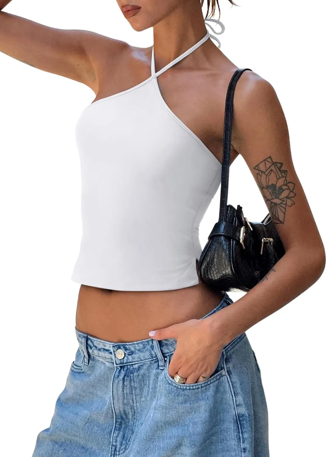 REORIA Womens Camisole Tank Tops Criss Cross Halter Top Double Lined Backless Crop Tops Y2K Vacation Outfits