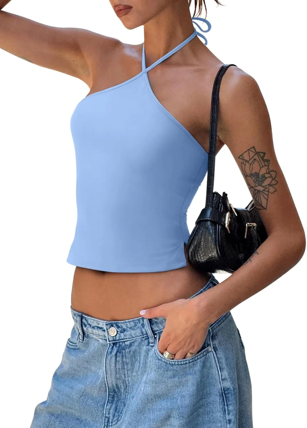 REORIA Womens Camisole Tank Tops Criss Cross Halter Top Double Lined Backless Crop Tops Y2K Vacation Outfits