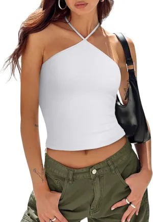 REORIA Womens Camisole Tank Tops Criss Cross Halter Top Double Lined Backless Crop Tops Y2K Vacation Outfits