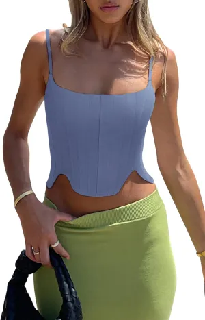 REORIA Women's Sexy Square Neck Trendy Sleeveless Adjustable Spaghetti Strap Corset Tank Crop Tops