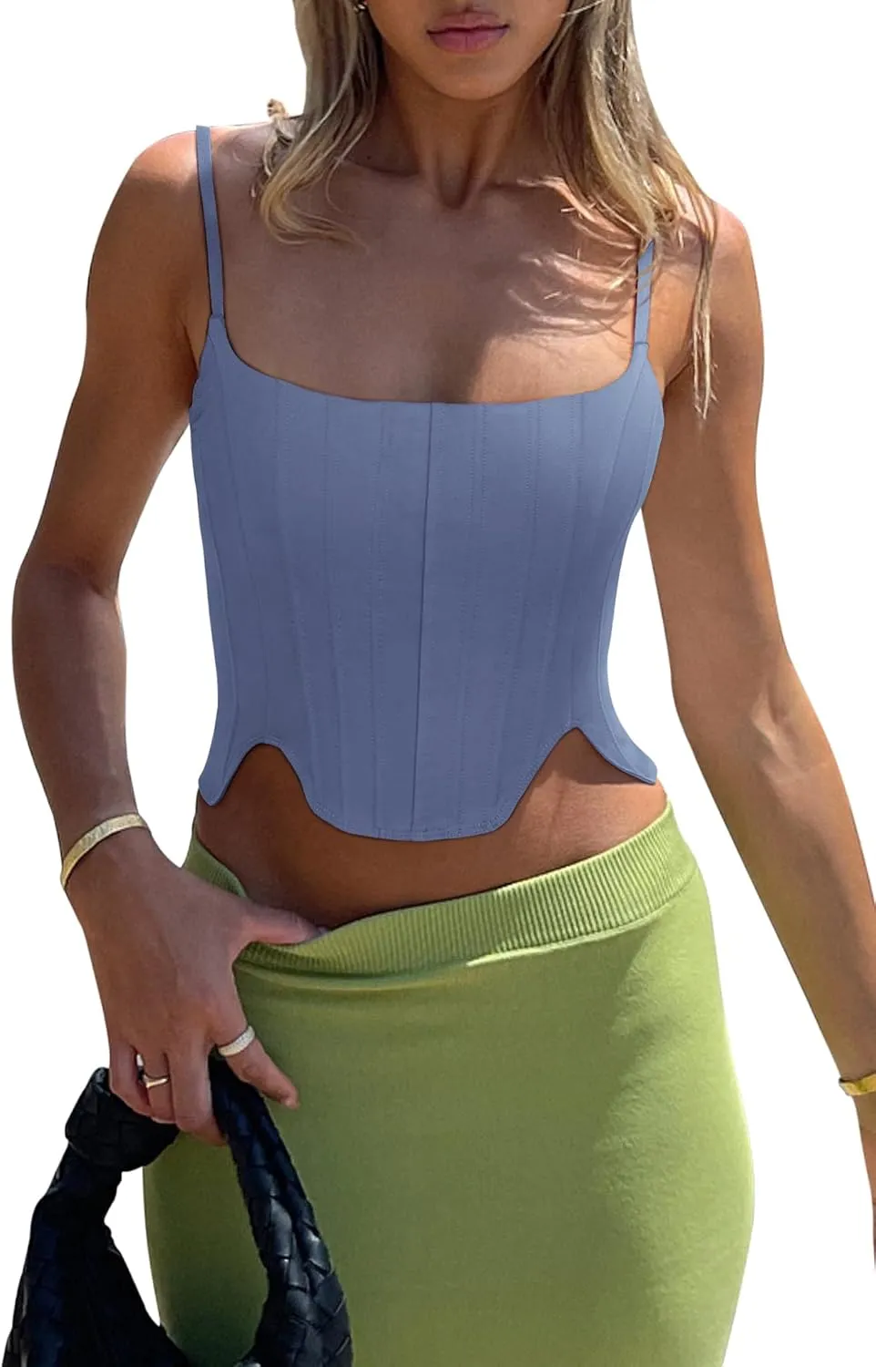 REORIA Women's Sexy Square Neck Trendy Sleeveless Adjustable Spaghetti Strap Corset Tank Crop Tops