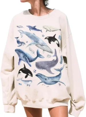 RICHTRUE Womens Oversized Sweatshirts No Hood Graphic Sweater Y2k Pullover Preppy Printed Long Sleeve Shirt Whale Shark Shirt