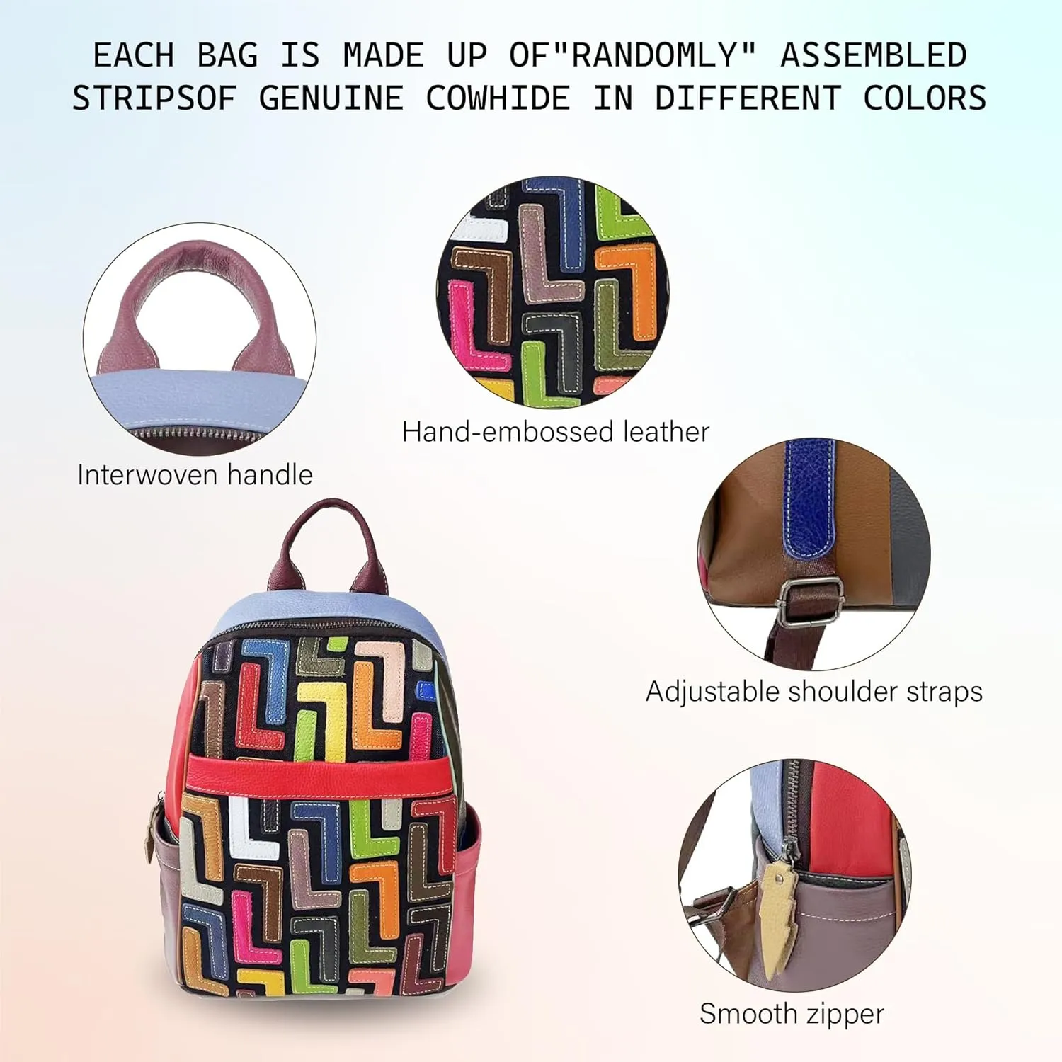 Riutiru Handmade Cowhide Multi Color Block Random Splicing Unique Style Backpack, Daily work and Travel (491)