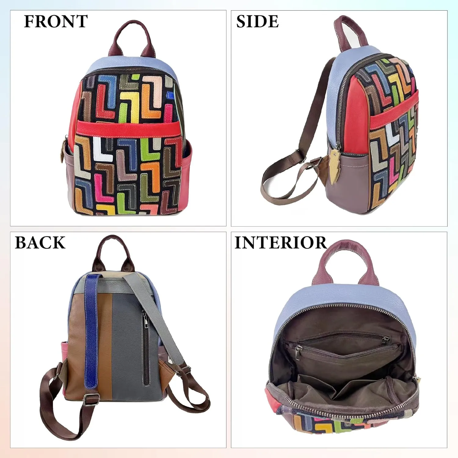 Riutiru Handmade Cowhide Multi Color Block Random Splicing Unique Style Backpack, Daily work and Travel (491)