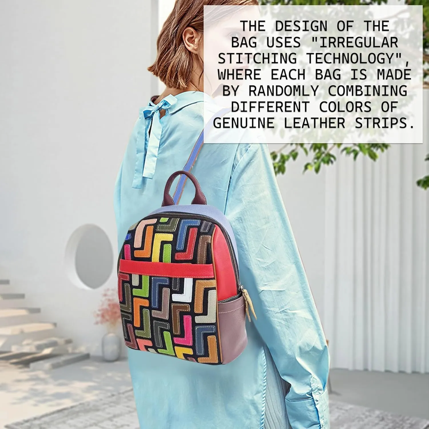 Riutiru Handmade Cowhide Multi Color Block Random Splicing Unique Style Backpack, Daily work and Travel (491)