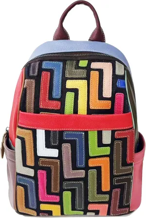 Riutiru Handmade Cowhide Multi Color Block Random Splicing Unique Style Backpack, Daily work and Travel (491)