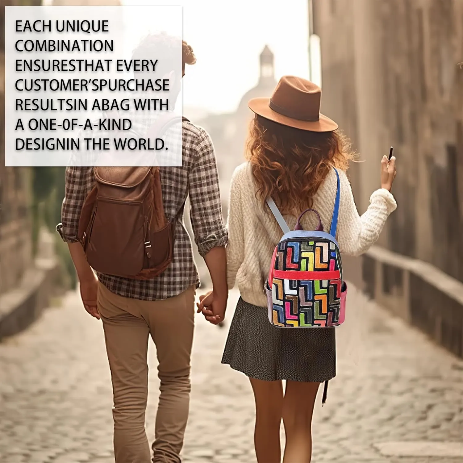 Riutiru Handmade Cowhide Multi Color Block Random Splicing Unique Style Backpack, Daily work and Travel (491)