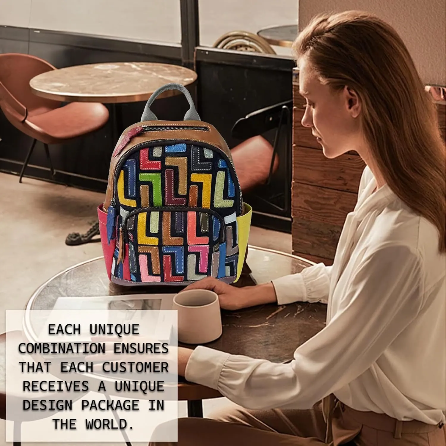 Riutiru Handmade Cowhide Multi Color Block Random Splicing Unique Style Backpack, Daily work and Travel (492)