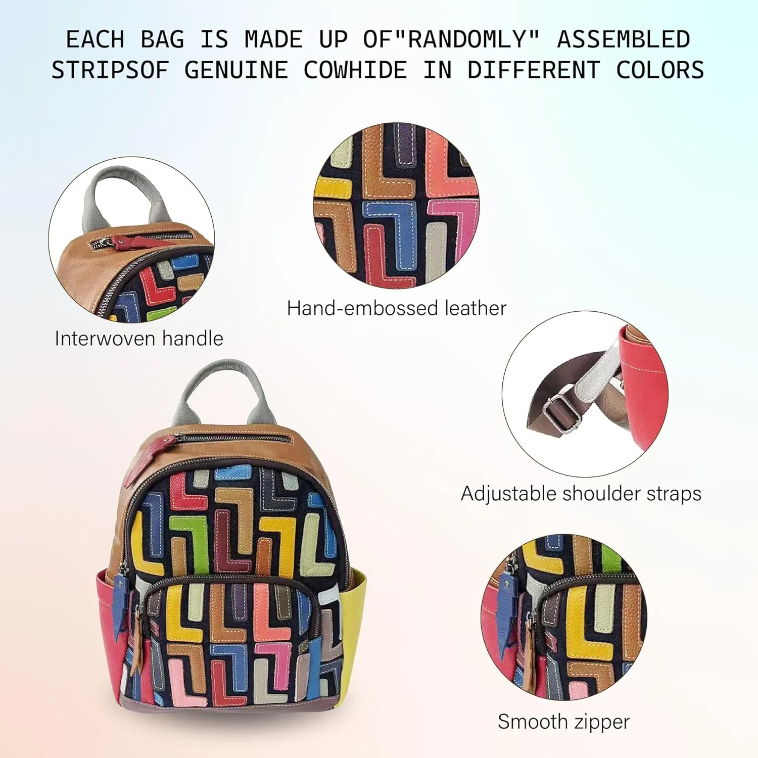 Riutiru Handmade Cowhide Multi Color Block Random Splicing Unique Style Backpack, Daily work and Travel (492)