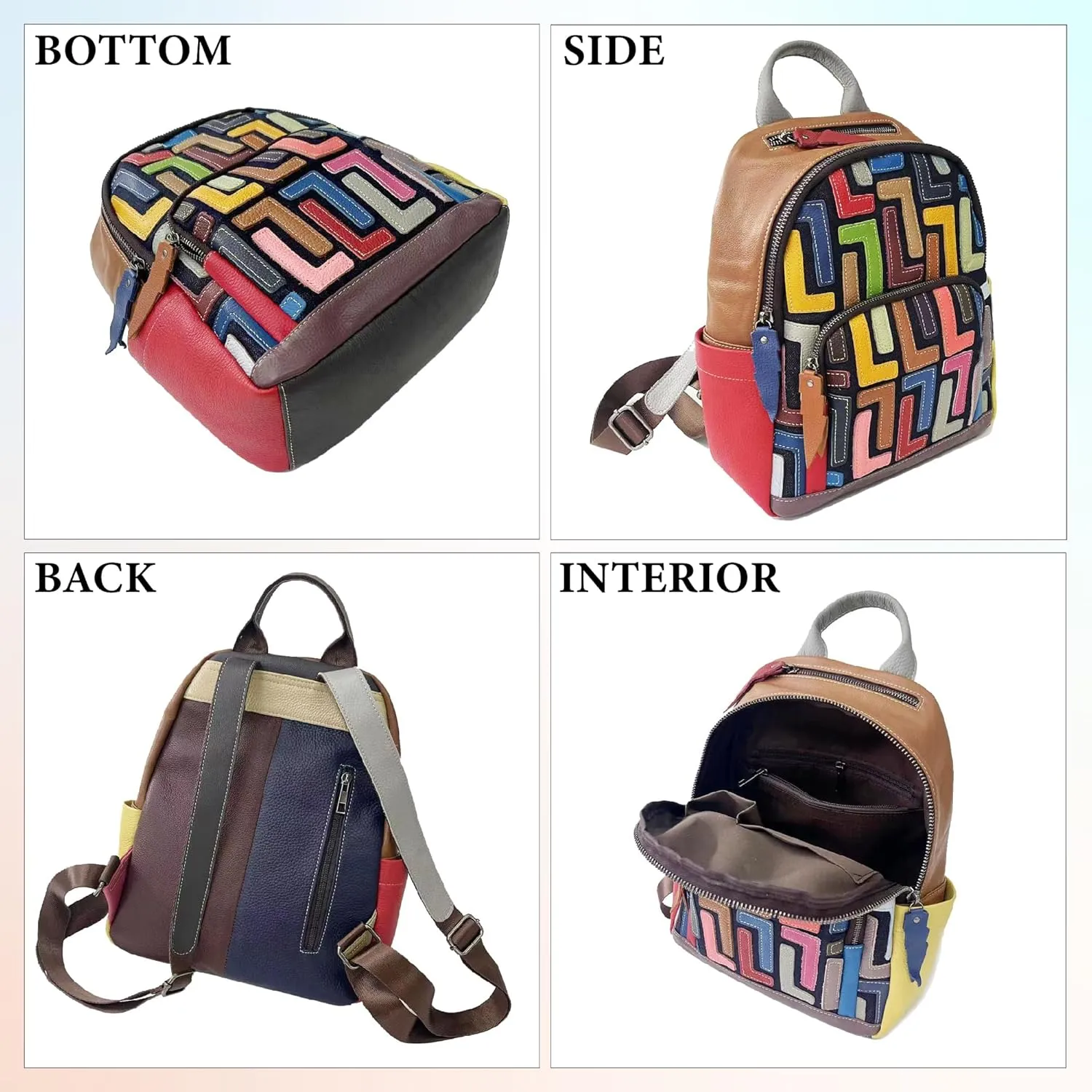 Riutiru Handmade Cowhide Multi Color Block Random Splicing Unique Style Backpack, Daily work and Travel (492)