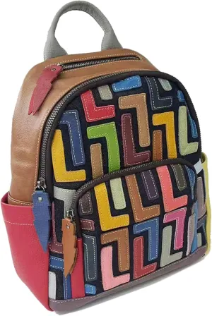 Riutiru Handmade Cowhide Multi Color Block Random Splicing Unique Style Backpack, Daily work and Travel (492)